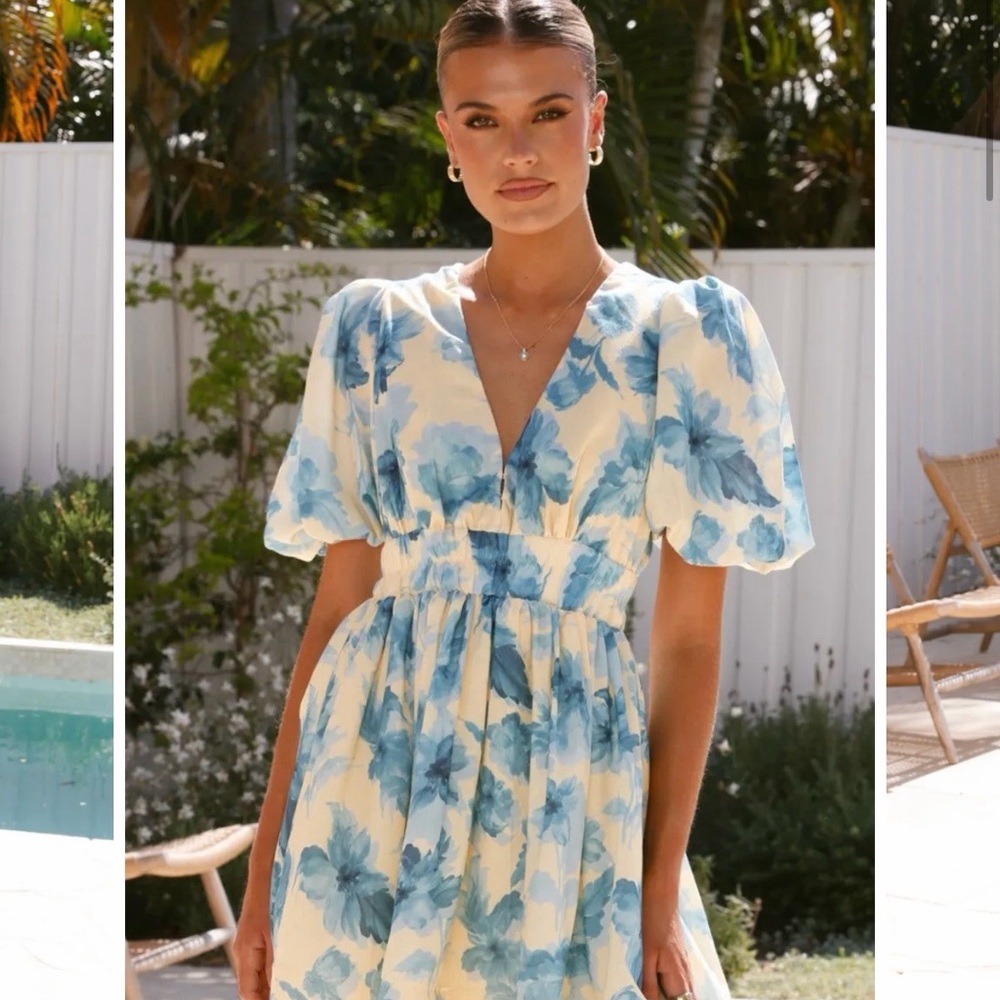 Women's Blue Floral Puff-Sleeve V-Neck Dress